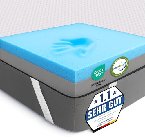 MKS Sobrecolchón de gel 2 en 1, 90 x 200 cm, con H3 y H4, sistema de 5 capas, alivio de presión, laterales de malla y bandas elásticas, ideal para dormir de lado, espalda y boca abajo