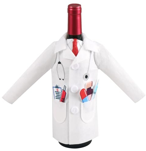 lasuroa White Coat Wine Bag for Doctors, Felt Wine Bottle Decor Cover with Tie Champagne Wraps Beer Clothes Set for Women Men Medical Students Graduation Birthday RN CNA Nurse Practitioner Gifts
