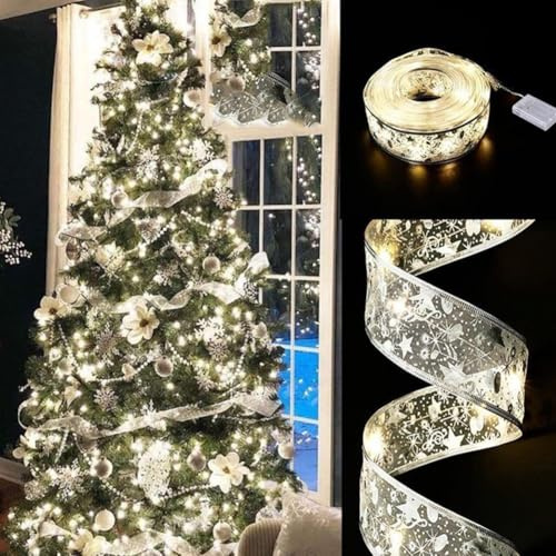 Lumière de Noël à Ruban LED Lumineuses à Ruban Brillant Lumières de Bande de Sapin de Noël 5M Décoration de Christmas Tree Ribbon Guirlande Lumineuse Ribbon DIY Décoration de Sapin Intérieur (Argent)