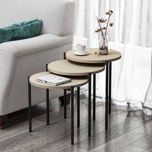 Homidea Zuba 3er-Set Satztische/Beistelltische – Runde Couchtische mit Metallbeinen, Modernes Design, Platzsparend, Ø40 cm (Beige)