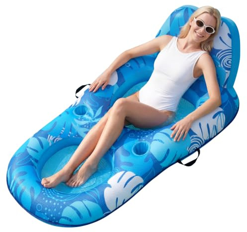 SLOOSH Premium Pool Floats Lounger for Adults - Inflatable Fabric Covered Float Recliner Pool Lounge Chair with Backrest & Cup Holders for Beach Lake Swimming Pool Water