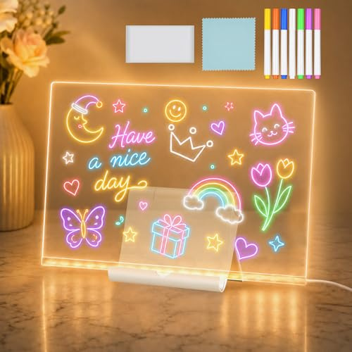 Tableau Lumineux Message LED, Tablette Lumineuse Dessin Enfant,Tableau Magique Acrylique Effaçable avec 7 Couleurs Stylo,avec Support Réglable,LED Message Board,Tableau Acrylique Lumineux,30x20cm
