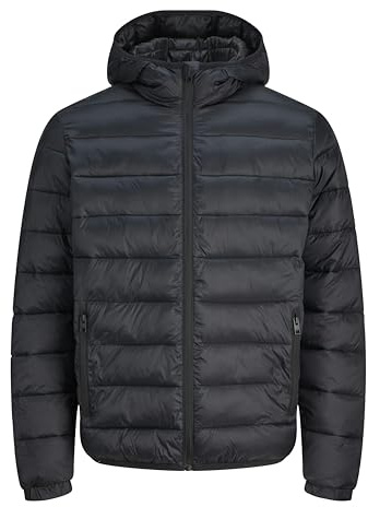 JACK & JONES Men's Puffer Jacket With Full Zip Long Sleeve Hooded Jacket for Men,Black Colour, UK Size- XXL