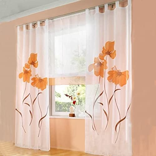 SIMPVALE 2 stücks Gardinenschal Gardine Print Blumen Vorhang für Wohnzimmer Schlafzimmer Schlaufenschal, 150x270cm, Orange