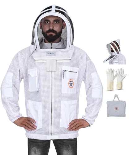 Bee Proof Beekeeping Jacket with Veil 3-Layer Ultra Ventilated Veil Fencing YKK Zippers Full Protection Suit Carrying Bag (BP-301-White)-XL