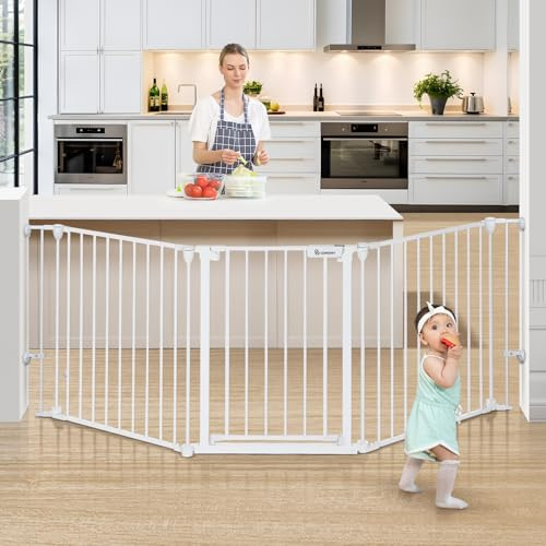 COMOMY 80 Extra Wide Baby Gate, Dog Gate for House Stairs Doorways Fireplace, Auto Close Pet Gate with Door Walk Through, 3 Metal Panels, Hardware Mounted Baby Fence Indoor Outdoor(30 Tall, White)