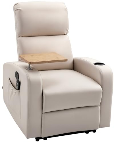HOMCOM Sillón de Masaje con 8 Puntos de Masaje Sillón Relax Eléctrico Sofá Relax con 4 Modos Reclinación 145° Mando a Distancia Mesita 2 Bolsillos Laterales y Posavasos 77x93x105 cm Beige