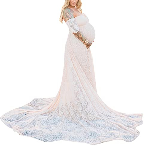 MANYMANY Abiti Premaman per Servizio Fotografico Donne Incinte Abito Senza Spalline in Pizzo con Spalle Scoperte Abito da Sposa con Maniche a Balze