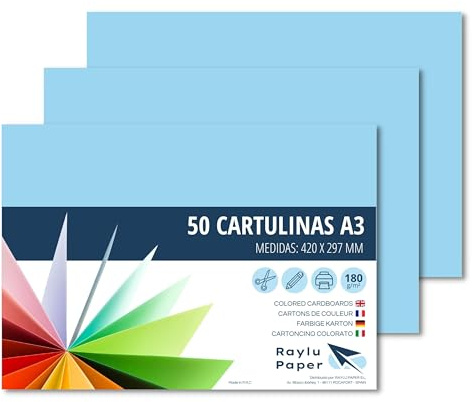 Raylu Paper – Papier Cartonné A3 Coloré, 50 Feuilles Cartonnées, Papier Epais de Couleur, pour l’Ecole, le Bureau, le Scrapbooking, les Activités Manuelles, 297 x 420 mm 180g/m² (Bleu Ciel)