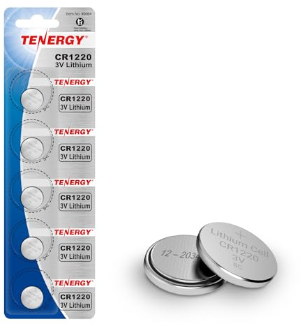 Tenergy CR1220 3V Lithium Button Cell Battery, for Keys, Watches, Accessories, 5 Count