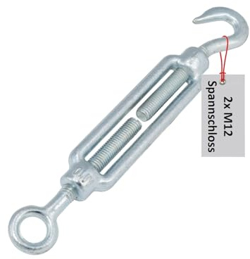 Drahtseil Spanner Spannschloss Drahtspanner Auge-Haken/Öse-Öse M12 M10 M8 M6 Sonnensegelbefestigung verankern Seilspanner Spannschlösser (Haken-Öse, 2 Stück, M12)