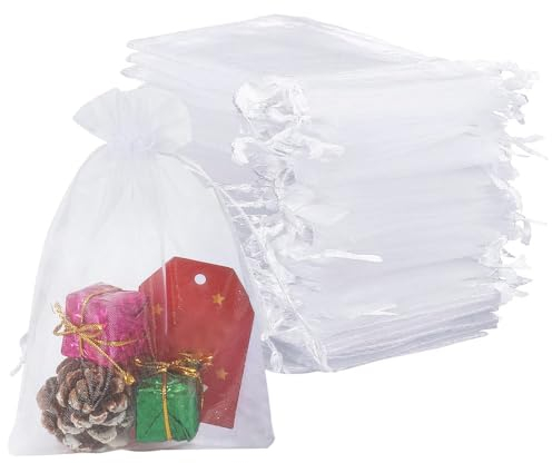 Organzasäckchen, 100 Stück Schmucksäckchen mit Kordelzug, 10 x 15 cm Geschenk Organza Hochzeit Säckchen für Hochzeiten Bonbons Geschenk Schmuckbeutel(Weißes)