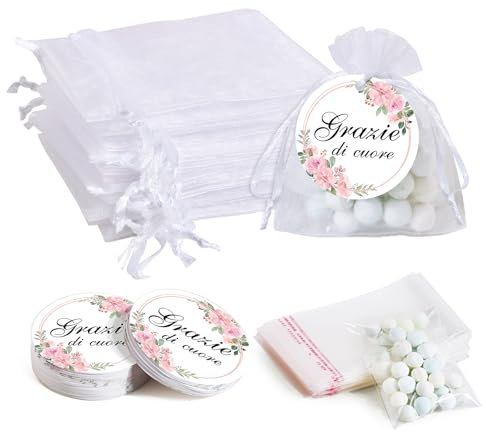 BOFUNX 50pcs Sacchetti Bomboniere Portaconfetti in Organza + 50pcs Etichette Grazie di Cuore + 100pcs Sacchetti Cellophane Trasparente per Confetti Caramelle Festa