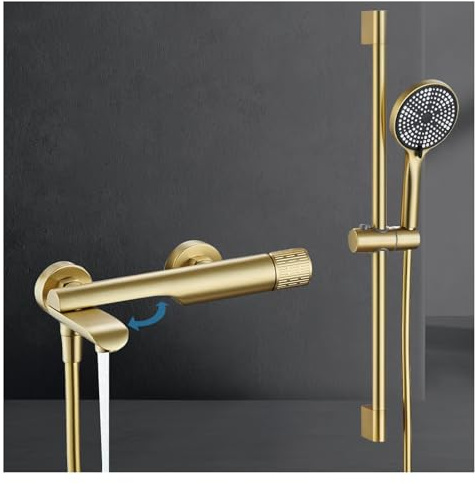 Badewannenarmatur mit Handbrause, Wandmontage Wasserhahn Badewanne Mischbatterie Messing Wannenarmatur inkl 3 Funktionen Handbrause, 90° Drehbaren Auslauf, 150cm Brauseschlauch (Gebürstetes Gold)