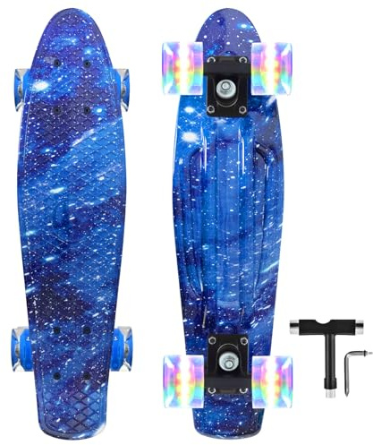 Nattork Skateboards 22 Inch Mini Cruiser Blue Skateboard Complete Retro Skate Boards with Colorful Light Up PU Wheels for Kids Girls Boys Beginners