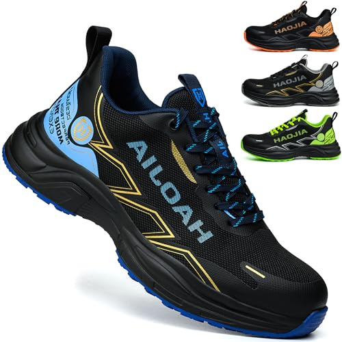 UOQC Scarpe Antinfortunistiche Uomo Donna Leggere Scarpe da Lavoro Traspiranti con Punta in Acciaio Antiscivolo Resistenti Puntura Scarpe Infortunistiche Sportive Comode per Industria Blu EU43