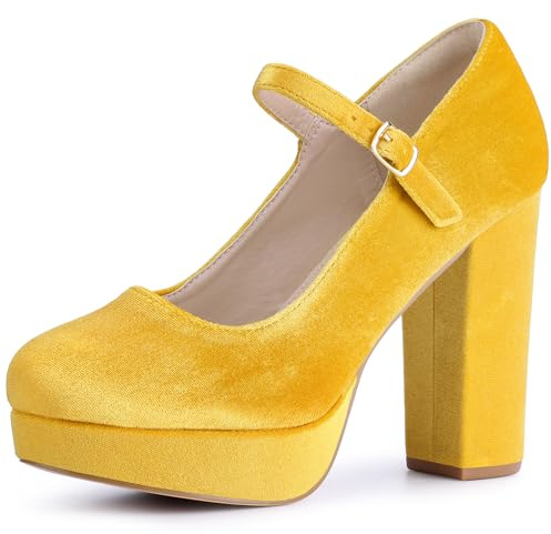 Perphy Velvet Court Shoes Platform Chunky Heels Mary Janes Pumps for Women Yellow 6 UK/Label Size 8 US