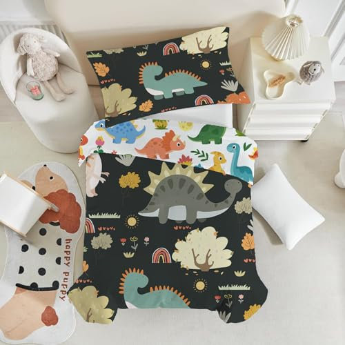 ROZTYLJ Cot Bed Duvet Cover Set Dinosaur Patterns Toddler Bedding Set For Boys Reversible Cot Duvet Cover 120x150cm & Pillow Case 40x60cm