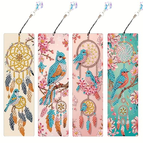 JSRQT 4 Pièces 5D Marque-page de Peinture Diamant Fleurs Oiseaux,DIY Diamond Painting Signets avec Glands,Accessoires Marqueurs de Page pour Lecture des Étudiants & Enseignants