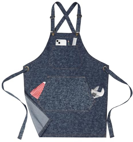 Grembiule Cuoco in Denim Cotone per Uomini Donne, Grembiule da Lavoro Jean Regolabile con Spallacci Incrociati, Grandi Tasche e Bretelle Rimovibili per Cucina Giardinaggio BBQ Caffetteria Barista