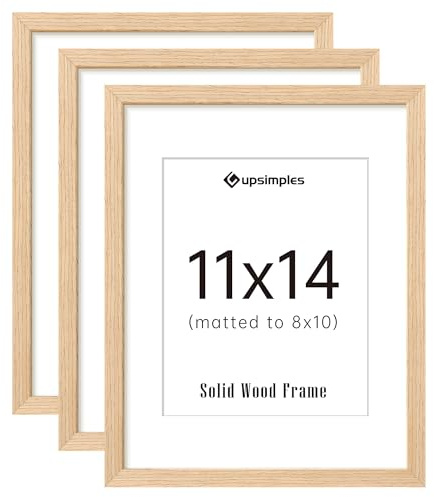 upsimples 11x14 Picture Frame Set of 3, Natural Solid Wooden Picture Frames, Display 8x10 with Mat or 11 x 14 Without for Vertical or Horizontal Wall Hanging