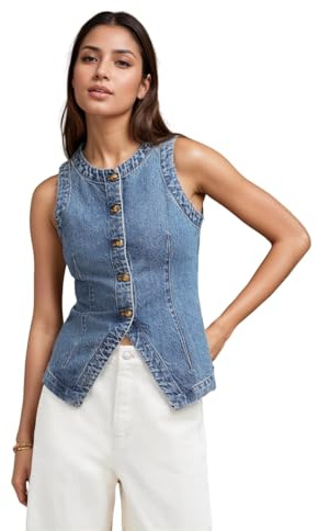 FIGKICKSEN Denim Vest for Women V Neck Button Down Y2k Sleeveless Crop Corset Jean Streetwear Casual Tank Tops Blue