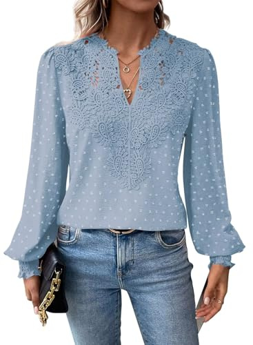 TUUHAW Long Sleeve Tops Women UK Ruffle Tunic Top for Womens Light Blue M