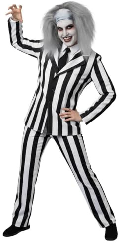 Disfraz de fantasma loco de Halloween para mujer, talla M, traje de rayas blancas y negras, corbata negra, peluca gris loco, pintura facial, disfraz de Halloween de película de televisión de los años
