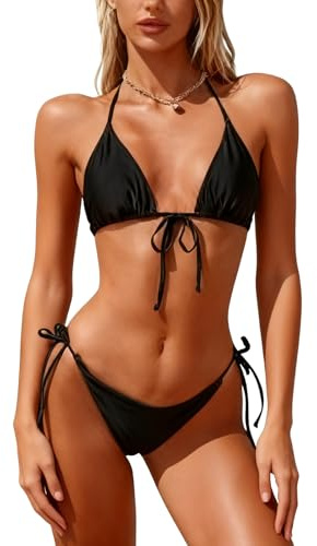 ADUDVLO 2 Piece Swimsuit for Women Bikini Sets for Women UK Womens Bikini Sets Triangle String Halter Sexy Thong Swimsuit Bathing Suit for Women (UK, Alpha, L, Regular, Regular, Black)