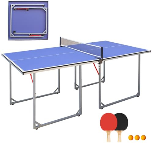 GYMFLEX Mesa de ping pong plegable, mesa de tenis de mesa de tamaño mediano, mesa de ping pong multifuncional, incluye red, 2 raquetas de tenis de mesa y 3 pelotas con tablero azul y patas plateadas