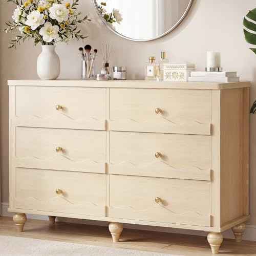 Cyclysio 6 Drawer Dresser for Bedroom, 43 Modern Chest of Drawers for Bedroom, Dresser Organizer with 6 Storage Drawers, Drawer Organizer Storage with Scalloped Front for Living Room, Natural Oak