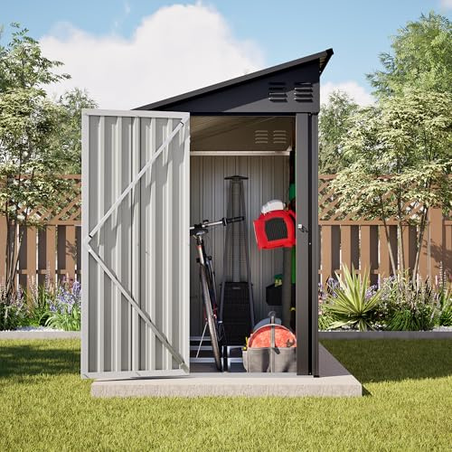 YOPTO 4×8 FT Lean to Metal Shed,Outdoor Heavy-Duty Storage Shed with Floor Base,All Weather Waterproof Garden Tool House W/Lockable Door&2 Air Vent,Reversible Door Design,for Backyard,Patio,Lawn,Black