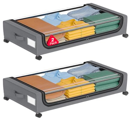 UTJEFVS 2 Pack Under Bed Storage With Wheels, 50L | Large Capacity Storage Bins With Lids, Multifunctional Portable Shoe Storage Box, Transparent View Window