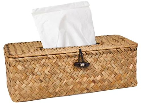 Caja de pañuelos Rectangular, Soporte para Caja de pañuelos de Pasto Marino con Tapa abatible, servilletero Facial Decorativo para Bar, Cocina, Oficina, Escritorio, Cubierta de Mimbre