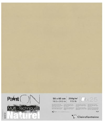 Clairefontaine 96542C Paquet PaintON Multi-techniques - 25 Feuilles Papier Dessin Multi-techniques au Grain Légèrement Rugueux - Naturel - 50x65 cm 250g