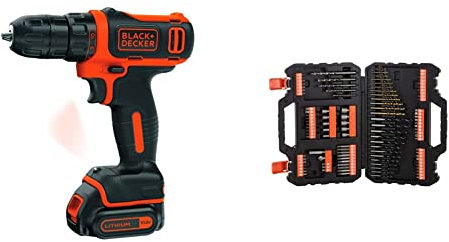 BLACK+DECKER Trapano Avvitatore Compatto A Batteria Litio, 10.8V, Nero & A7200-XJ Punte Trapano, Set Titanium Per Forare E Avvitare, 109 Pezzi, Nero,