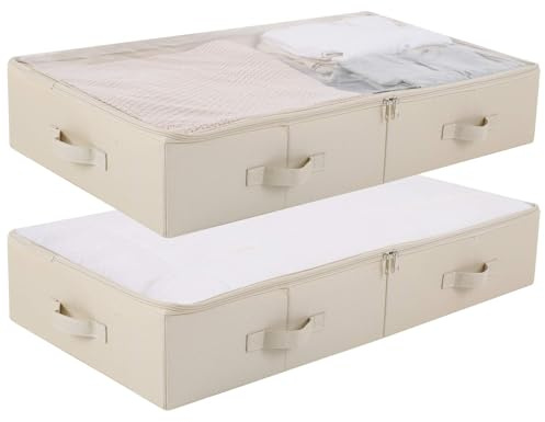 Amonsen Underbed Storage Bins with Clear PVC Lid - Pack of 2, Spacious Foldable Fabric Organizer for Shoes, Blankets, Clothes, Sweaters | Washable & Space-Saving Design, Beige