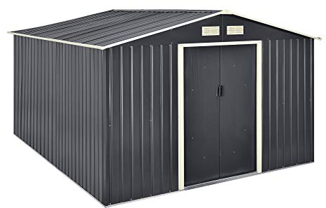 [en.casa] Geräteschuppen 277x319x192cm Gartenhaus 15 m³ mit Satteldach Metallrahmen Schuppen aus Stahlblech Abschließbar Gerätehaus 2 Schiebetür Dunkelgrau