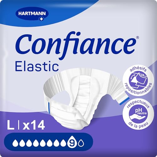 Confiance Elastic - Changes Complets pour Hommes et Femmes - Niveau d'Absorption = 9 gouttes (Fuites Urinaires Importantes) - pH Neutre à la Peau - Matière Douce - Taille L - 14 Unités