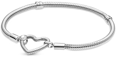 PANDORA Moments Women's Sterling Silver Heart Closure Snake Chain Bracelet, Size 21, No Box