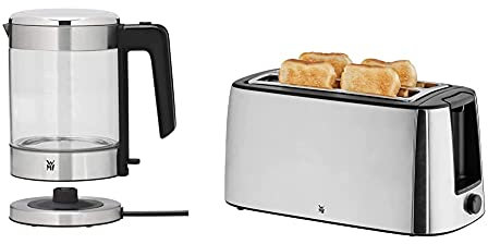 WMF Küchenminis Glas-Wasserkocher 1,0l, 1900 Watt, kabellos, Wasserstandanzeige, Kalk-Wasserfilter & Bueno Pro Toaster Langschlitz mit Brötchenaufsatz, 4 Scheiben, 6 Bräunungsstufen, 1550W
