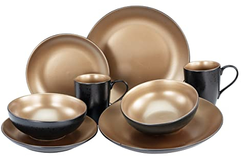 CreaTable, 23599, Serie GLAMOUR - Gold, 8-teiliges Geschirrset, Kombiservice aus Steinzeug, spülmaschinen- und mikrowellengeeignet, Qualitätsproduktion