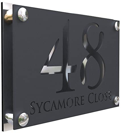 K Smart Sign | Simpatico A4 F32 | Matt Dark Gray Personalised House Signs Door Numbers Street Grey Address Number Plaques | 280mm x 180mm (Matt Dark Gray & Silver Chrome Mirror)