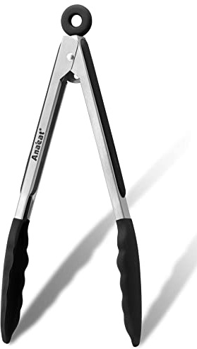 Anaeat Non-Stick Silicone Locking Tong - Stainless Steel 7 inch / 18cm Mini Kitchen Food Tongs with Non-Slip Silicone Tips and Grip for Cooking, Baking and BBQ - Heat Resistant up to 480°F (Black)