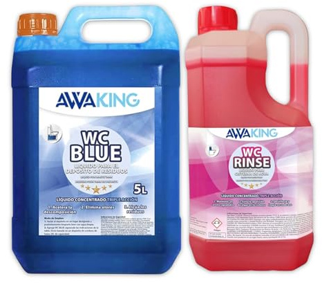 Liquide de toilette chimique pour caravane - Bleu - 5 L + rinçage 2 L - Additif liquide pour camping-car - Eau noire + gobelet concentré - Réservoir de toilettes - Réservoir de déchets pour