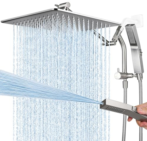 G-Promise All Metal 12 Inches Rain Shower Head with Handheld Built-in Power Wash Mode, 3-way Diverter with Pause Setting, 11 Inches Adjustable Extension Arm with Lock Joint, Long Hose (Brushed Nickel)