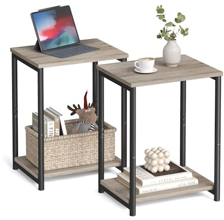 VASAGLE Set of 2 Side Tables, 2-Tier Sofa Side Tables, Bedside Tables with Steel Frames, for Living Room, Bedroom, Home Office, Industrial Style, Heather Greige and Classic Black LET272B02