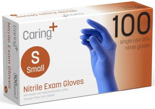Caring Nitrile Exam Gloves (100ct), Powder Free and Not Made with Natural Rubber Latex, Gloves for Medical Use, Cleaning, Food Prep and More, Small