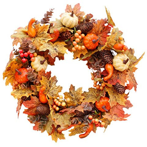URMAGIC Couronne d'automne pour porte d'entrée, 45/50 cm, couronne de récolte d'automne avec baies et feuilles d'érable, couronne de Thanksgiving, couronne de porte d'automne, décoration de
