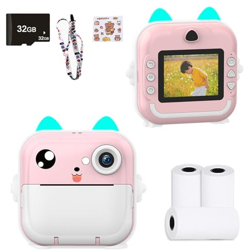 SYFUNLV Display digitalkamera barn, selfie digitalkamera barn, digitalkamera tryck, 2,4 tums barnkamera, omedelbar bildkamera med färgade pennor, med 3 rullar tryckpapper och 32 GB TF-kort (rosa)